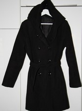 Gr. XL Damen schwarzer Mantel Kapuze Gürtel elegant