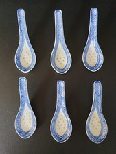6 Suppenlöffel aus Porzellan, China, blau  Reiskorn