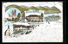 Lithographie Rhöndorf a. Rhein, Hotel & Pension zur Wolkenburg, Ruine Drachenfe 