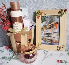 Kneipp Geschenk Set im Holztrog & Bild Rotkehlchen mit Trockenblumen Handmade