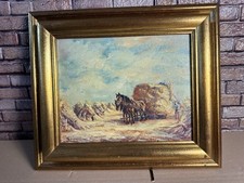 Ölgemälde Impressionismus Pferde mit Bauer auf dem Feld  signiert. Antik 43x37