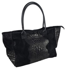 Echt Leder Shoppertasche Krokodil Natura Schwarz - Rindsleder Krokoprägung