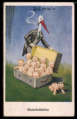 Ansichtskarte storch mit babys - storch,