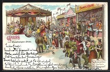 Lithographie Rummelplatz mit Karussell, Schiessbude, Hau den Lukas 1903 