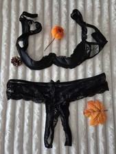Elegantes schwarzes Spitzen-Lingerie-Set – BH(Heber)& Slip Ouvert L/XL
