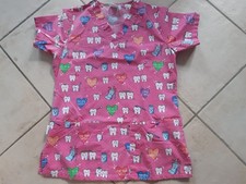 Kittel Kasack Zahnarzt Damen, Berufskleidung, kurzarm, Zahnmotiv, pink/bunt, XS