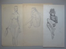 Weibliche Akte - Körperstudien Frauen nackt - 3 Zeichnungen Bleistift - 1955