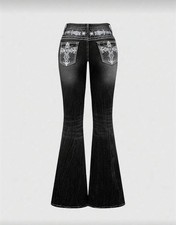 Grunge Punk Y2K Vintage Schlagjeans, schlanke taillierte Jeans Taschenstickerei