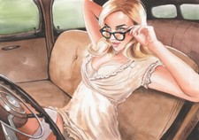 Original Aquarell A3, Zeichnung, Akt, nude, "Im Auto", Women, Erotik Akt