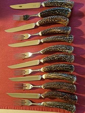 Jagdbesteck, 12-teilig mit Hirschhorngriffen der Marke Solingen, Serie Othello