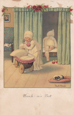 Künstlerkarte Pauli Ebner, signiert. gel. 1927.  Hund Katze. Marsch - in's Bett.