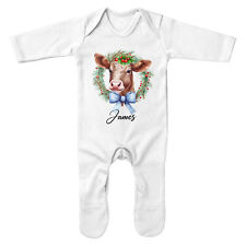 Personalisierter Kuh Weihnachtskranz Strampler Baby Xmas Mädchen Junge Festlich Pres...