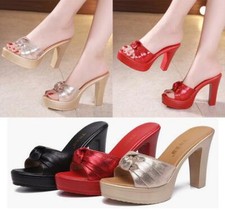 Damen Slip Auf Schleife Sandalen High Heels Plateau Blockabsatz Schuhe Peep Toe