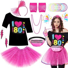 80er Jahre Kostüm Zubehör Set – T-Shirt, Tutu Rock, Handschuhe, Frauen Geprüft