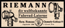 126/185 ANZEIGE WERBUNG JAHR  1926 RIEMANN FAHRRAD LATERNE CHEMNITZ GABLENZ