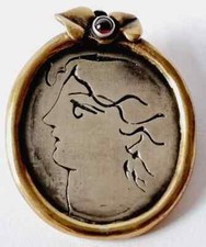 D0316 - Jugendstil 925er Silber Brosche Figürlich Frau Porträt - Granat- 3,8 cm