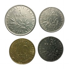 Lot 4 französische Münzen 1/2 Franc 1983, 1976, 1 Franc 1972, 10 Centimes Z2381