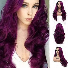 Lace Front lila Perücke lang wellig ombre schwarz lila farbig lockig Echthaar Perücken