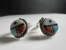 Navajo Indianerschmuck Ohrclips Türkis Koralle Onyx Handgefertigt Inlay Vintage