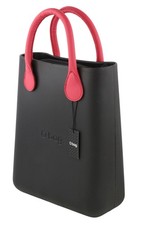 O BAG schicke Damentasche OS schwarz Doppelgriffe Innentasche Mini Beuteltasche eckiges Logo *