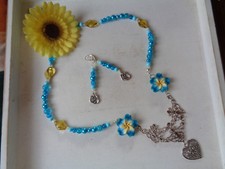 Sommerliches Schmuckset Kette  + Ohrbrisuren Hellblau/silber/Gelb FIMO UNIKAT