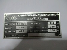 Typenschild ID-plate plate FMR Messerschmitt Karo KR200 Kabinenroller Schild S77