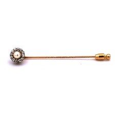 Antike Perl 0.6 ct Diamant Reversnadel Krawattennadel 750 Gold um 1910