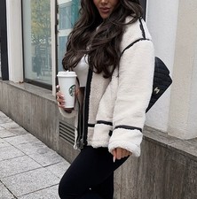 Ladypolitan Teddy Fell Teddyfell Jacke Leder weiß schwarz S M 36 38 Only