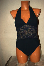 Chicer Badeanzug Beachwear Einteiler dunkelblau Spitzenpasse Neckholder 36 B