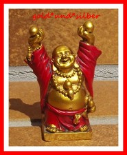 lachender GLÜCKLICHER Happy BUDDHA Deko FIGUR in ROT Gold TÖNEN erhobene ARME