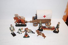 Konvolut 7 alte Hausser Elastolin Massesoldaten Rotkreuz Lazarett Hund Planwagen