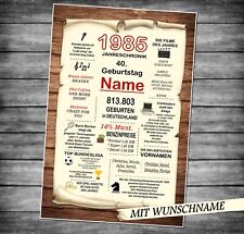 Schild Karte Urkunde Geb. 1985 40. Geburtstag 40  Chroniken Geschenk A4 2025