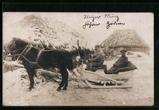 Pferdeschlitten mit Soldaten in Uniformen, Ansichtskarte 