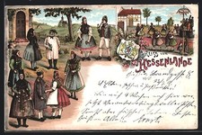 Lithographie Hessen in Tracht beim Kirchgang und beim Tanz 1900 