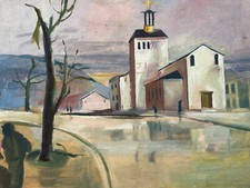 ANTIKES ÖLGEMÄLDE AUF PLATTE DORF BILD GEMÄLDE UNSIGNIERT 1947