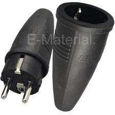 Set: Stecker und Steckdose (Kupplung) Gummi - 230V - schwarz - Schuko ABL SURSUM