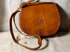 True Vintage 80er Boho Leder Cognac geprägt Tasche Schultertasche Rar Saddle Bag