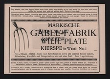 KIERSPE, Werbung 1925, Wilh. Plate Märkische Heu-Dünger-Rüben-Stein-Gabel-Fabrik