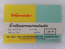1 altes DDR Etikett Erdbeermarmelade VEB OBST- & ZUCKERVERARBEITUNG Tangermünde