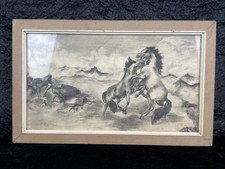 Original Kohlezeichnung Pferde Kampf signiert um 1930 gerahmt Tierstudie