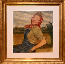 Gemälde Freundliches Bauernmädchen vor Landschaft sign. Rahmen