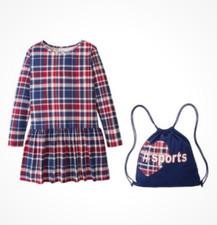Kinder Kleid und Turnbeutel  Gr 164 2tlig Set blau kariert Baumwolle 129 neu