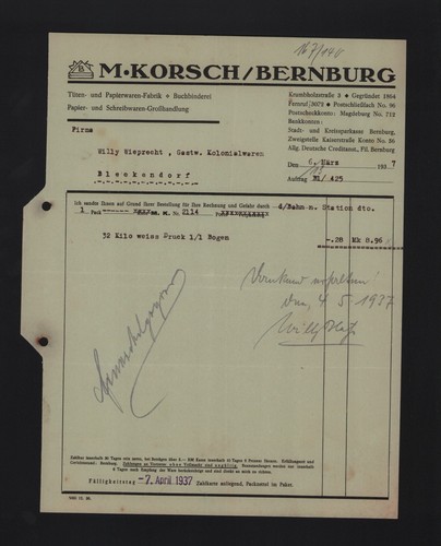 Bernburg rechnung 1937 m - bernburg,,