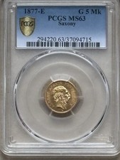 5 Mark 1877 E Sachsen Königreich Kaiserreich Goldmünze PCGS MS63