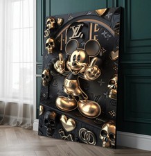 LEINWAND BILD 60x40x5cm LV MICKY-MAUS SCHWARZ GOLD 3D DISNEY TOTENKOPF