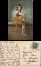 Kinder Künstlerkarte Mädchen mit Blumenkorb auf Leiter 1913 Goldrand