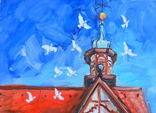 Tauben rathaus ölbild 15x10 - tauben,