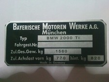 Typenschild BMW 2000 Ti Schild id-plate Neue Klasse NK 1560kg S101