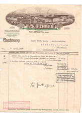 A.) E1- alte Rechnung F.S. Fehrer Dampf Rosshaar Spinnerei Kitzingen a. M. 1929