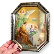Gerahmtes kleines Engel-Bild 16x20cm Midcentury Kinderbett Gebet Spielzeug Alt